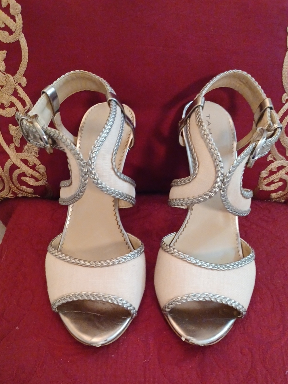 Tahari Cream and Gold Braided Strap Dress Heels